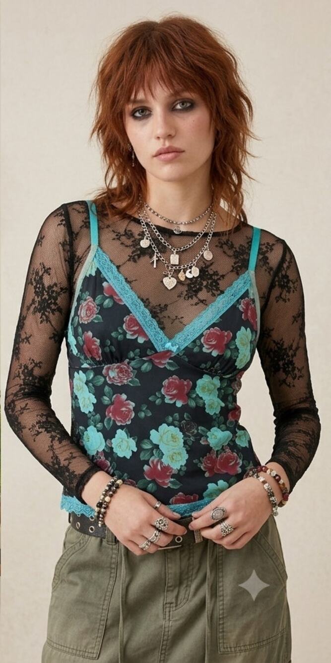 Vintage Y2K Tracy Aqua Blue Rose Floral Satin Lace Trim Camisole L Whimsigoth